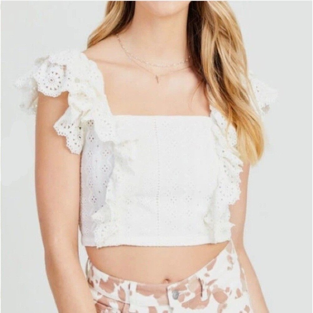 Altar'd State White Eyelet Ruffle Crop Top Boho Smocked Back Large Festival